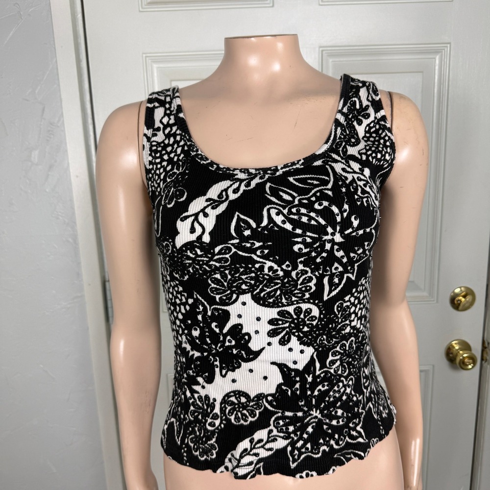 Vintage Y2K Chaudry Sports Shirt S Cotton Tank Top Beaded Floral Ribbed A3-21